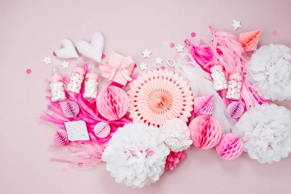 Pink White Paper Decorations Baby Shower Party Girl Flat Lay — Stockfoto
