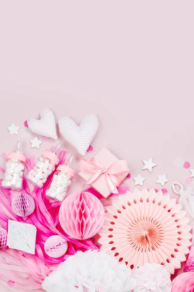 Decorações Papel Rosa Branco Para Festa Chá Bebê Uma Rapariga — Fotografia de Stock