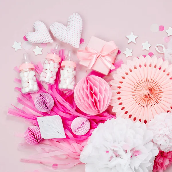 Рожеві Білі Паперові Прикраси Дитячої Душової Вечірки Дівчинка — стокове фото