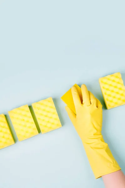 top view of cleaner hand in glove with sponges on blue background