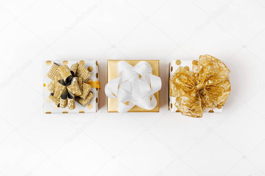 top view of christmas gift boxes isolated on white background 