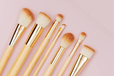 Çeşitli makyaj fırçaları bir pastel pembe moda. Düz yatıyordu, en iyi görünümü