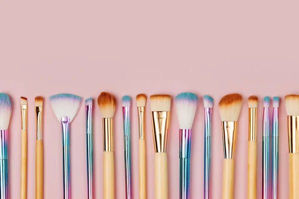 Fashion Various Makeup Brushes Pastel Pink Background Flat Lay Top — Stock Photo, Image