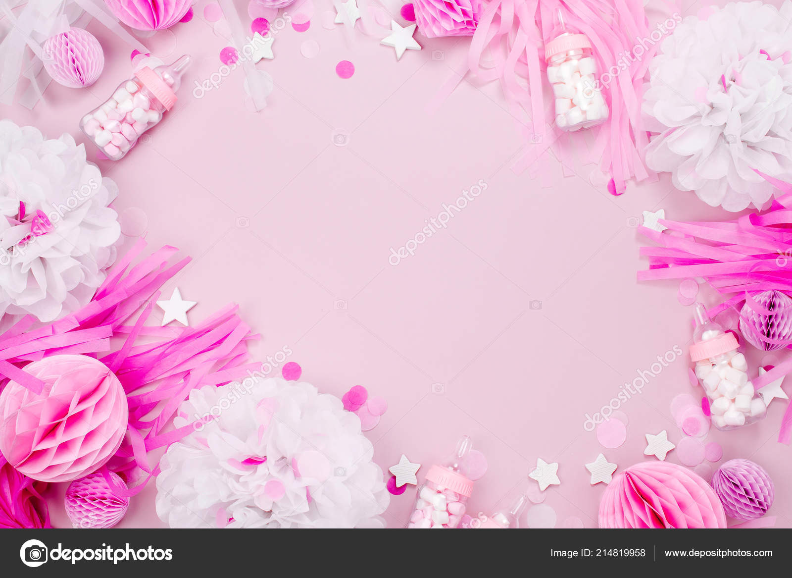 Baby Shower Party Decorations Pastel Pink Background Stock Photo