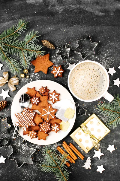 Soubory Cookie Kávu Veselé Vánoce Koncept Plochá Ležel Horní Pohled — Stock fotografie