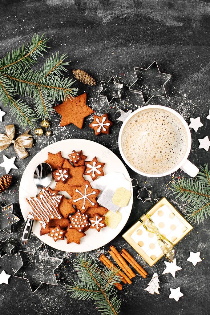 Cookies and coffee. Merry Christmas concept. Flat lay, top view