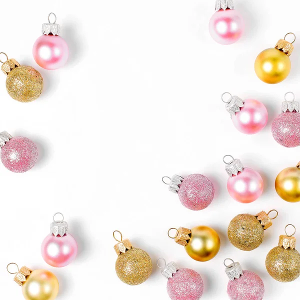 Stylish Arrangement Bright Christmas Balls White Background Flat Lay Top — Stock Photo, Image
