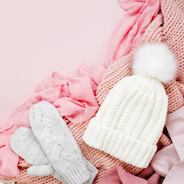 Warme Winter Kleding Christmas Decor Regeling Pastel Roze Kleuren — Stockfoto