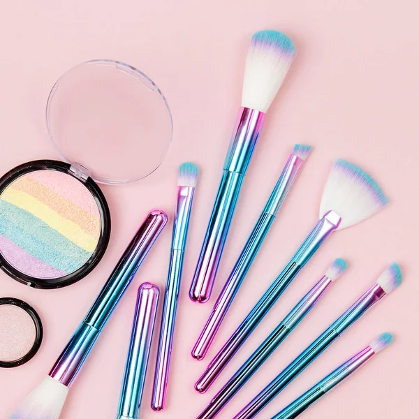 Fashion holographic colored makeup brushes with eye shadow and powder