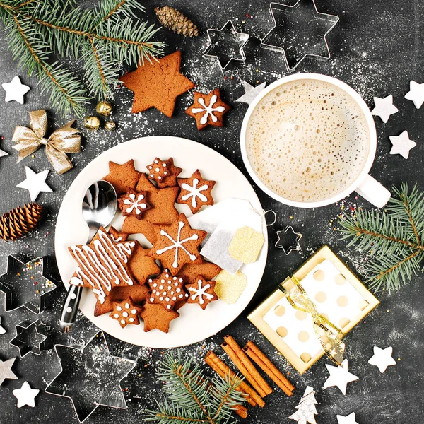 Soubory Cookie Kávu Veselé Vánoce Koncept Plochá Ležel Horní Pohled — Stock fotografie