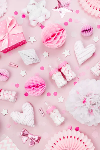 Bebê Chuveiro Festa Decorações Fundo Rosa Pastel — Fotografia de Stock