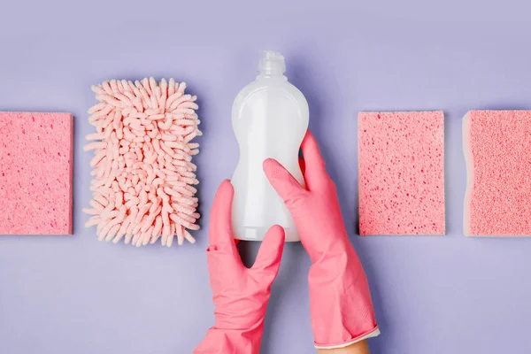 Detergents Cleaning Accessories Pink Color Cleaning Service Concept Flat Lay — Stock Photo, Image