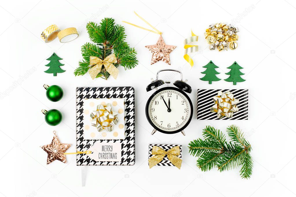 Collection of Christmas objects. Christmas  winter decorations, stationery with alarm clock and gifts on white background. Holiday and celebration creative concept. Flat lay, top view 