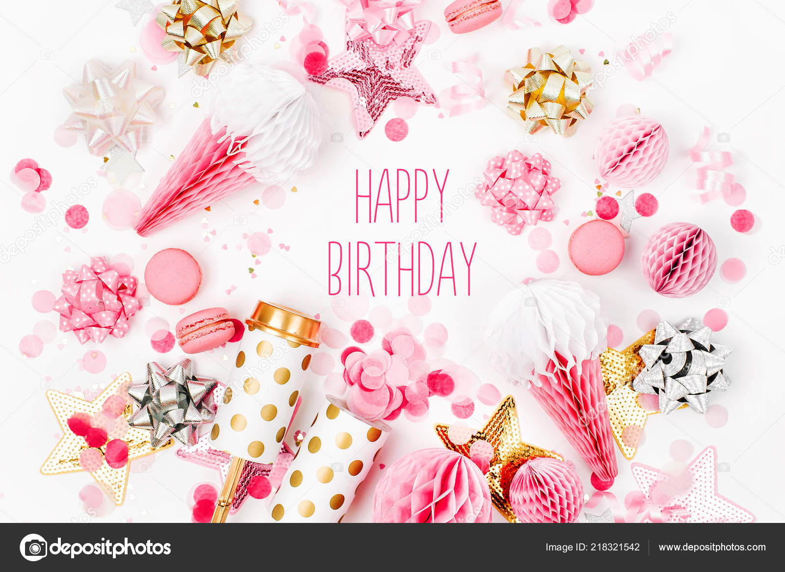 Rosa Gyllen Konfetti Sløyfer Papirdekorasjoner Gratulasjonsbrev Hvit  Bakgrunn – stockfoto © Igishevamaria #218321542, image size:1600x1166