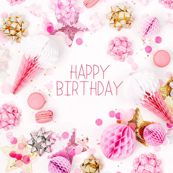 Confeti Rosa Dorada Arcos Decoraciones Papel Letras Feliz Cumpleaños Sobre —  Fotos de Stock