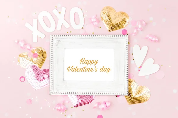 Happy Valentines Day Lettering Frame Confetti Decorations — Stock Photo, Image