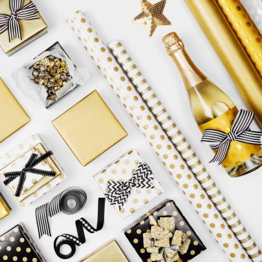 hediyeler, Ambalaj Kağıt rulo ve yay ile şampanya şişesi ile şenlikli kompozisyon