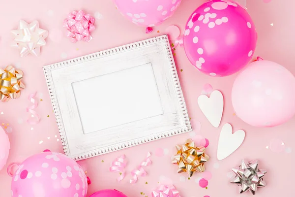 Mockup Frame Pink Balloons Confetti Decorations — Stock Photo, Image