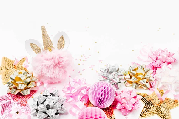Pink Golden Festive Decorations Unicorn Toy White Background — Stock Photo, Image
