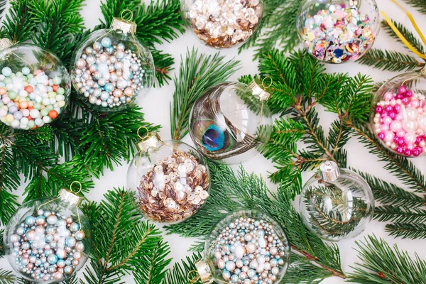 Christmas Glass Transparent Ball Colorful Sparkle Confetti Fir Branch Pine — Stock Photo, Image