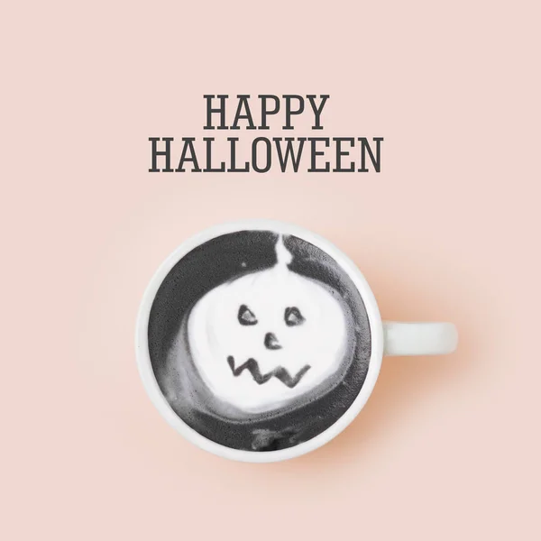 Tazza Caffè Con Zucca Sfondo Rosa Pallido Lettering Felice Halloween — Foto Stock