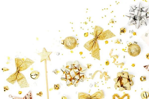 Christmas Decorations Bows Stars Bells Gold Colors White Background Empty — Stock Photo, Image