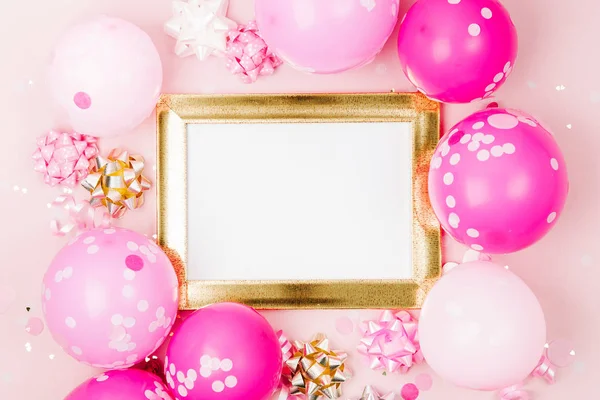 Mockup Frame Met Roze Ballonnen Confetti Decoraties — Stockfoto