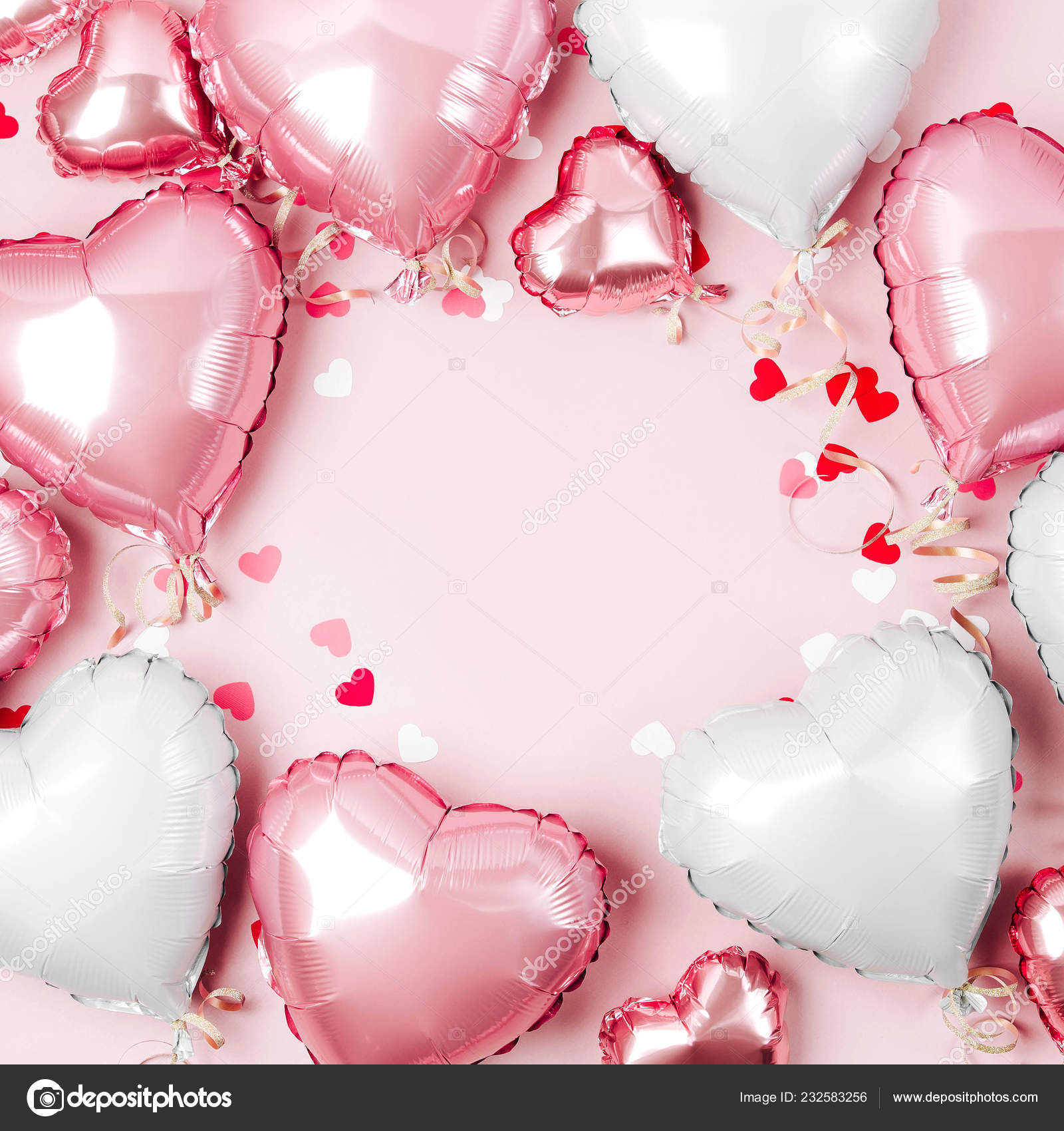 Air Balloons Heart Shaped Foil Pastel Pink Background Love Concept