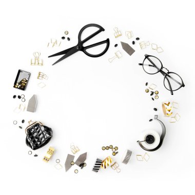 Çerçeve siyah beyaz iş kırtasiyesinden yapılmış. Düz yatış, üst görünüm