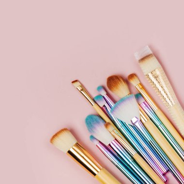 Çeşitli makyaj fırçaları fırça Temizlik Pad ve fırça ile bir pastel pembe koru. Düz yatıyordu, en iyi görünümü