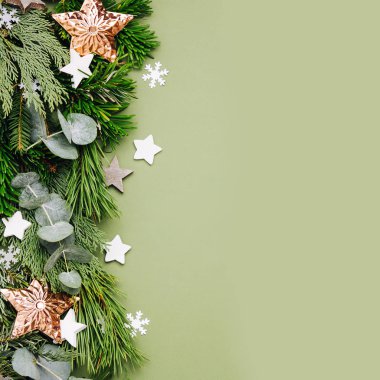 Noel dekorasyon ve köknar ağacı dalı. Düz yatıyordu, en iyi görünümü