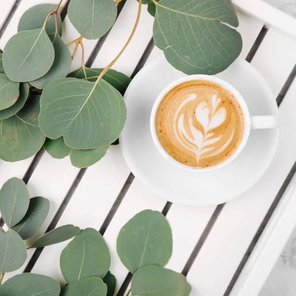 Cup Coffee White Wooden Serving Tray Eucalyptus Branch Flat Lay — Stock Photo, Image