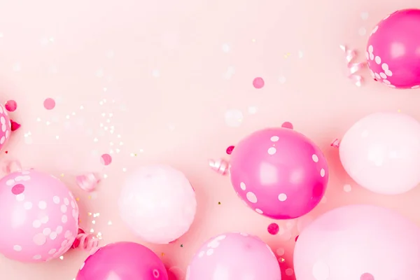 Pink Balloons Confetti Bows Paper Decorations Birthday Party Concept Theme — Stock Photo, Image