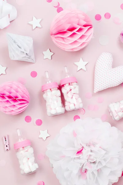 Decorações Papel Rosa Branco Pom Pom Doces Corações Presentes Confetes — Fotografia de Stock