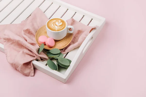 Cup Coffee White Wooden Serving Tray Eucalyptus Branch Flat Lay — Stock Photo, Image