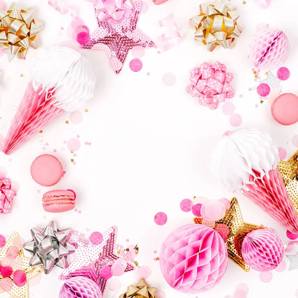 Pastel Pink Confete Arcos Decorações Papel Deitado Plano Vista Superior — Fotografia de Stock