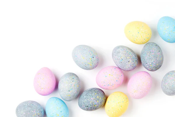 Fondo Con Huevos Pascua Color Rosa Pálido Azul Amarillo Gris — Foto de Stock