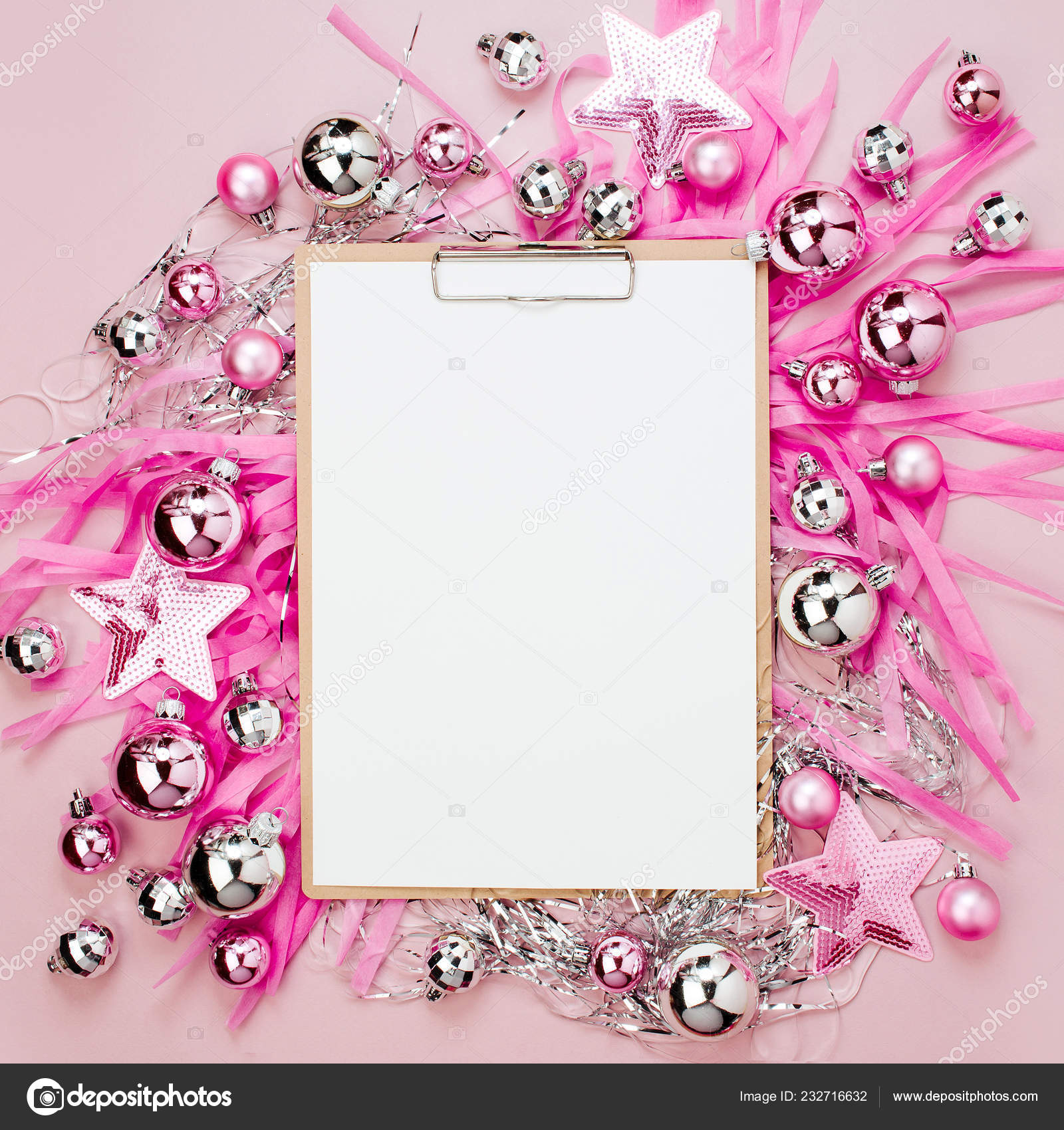 Clipboard Christmas Balls Gifts Ribbons Decorations Pink Colour
