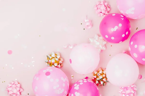 Roze Ballonnen Met Confetti Bogen Papier Decoraties Partij Concept Verjaardagsthema — Stockfoto