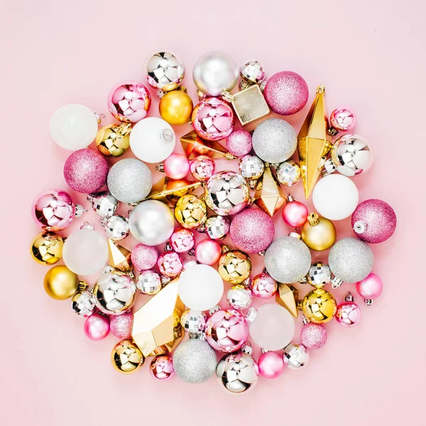 Holiday Arrangement Stylish Christmas Shiny Balls Gold Crystals Pastel Pink — Stock Photo, Image