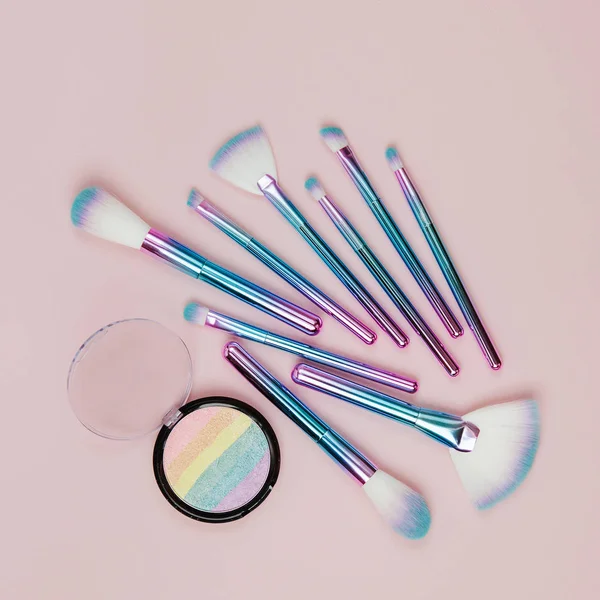 Fashion Holographic Colored Makeup Brushes Eye Shadow Powder Pastel Pink — Stock Photo, Image