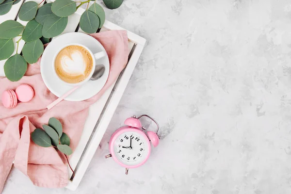 Cup Coffee White Wooden Serving Tray Alarm Clock Eucalyptus Branch — Stock Photo, Image