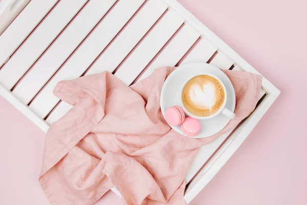 Tazza Caffè Vassoio Servizio Legno Bianco Posa Piatta Top Vie — Foto Stock