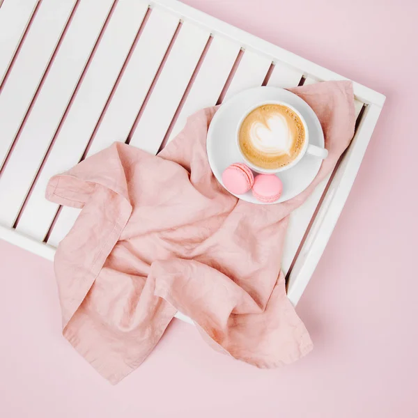 Tazza Caffè Vassoio Servizio Legno Bianco Posa Piatta Top Vie — Foto Stock