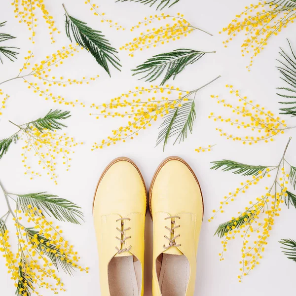 在白色背景的 Mimosa 花和时尚的黄色鞋子 — 图库照片