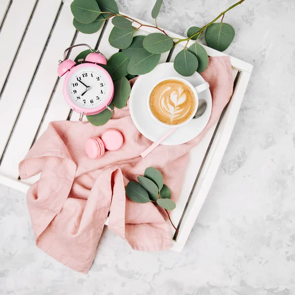 Top View Cup Coffee White Wooden Serving Tray Alarm Clock — Stock Photo, Image