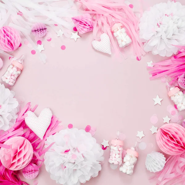 Quadro Feito Decorações Papel Rosa Branco Para Festa Chuveiro Menina — Fotografia de Stock