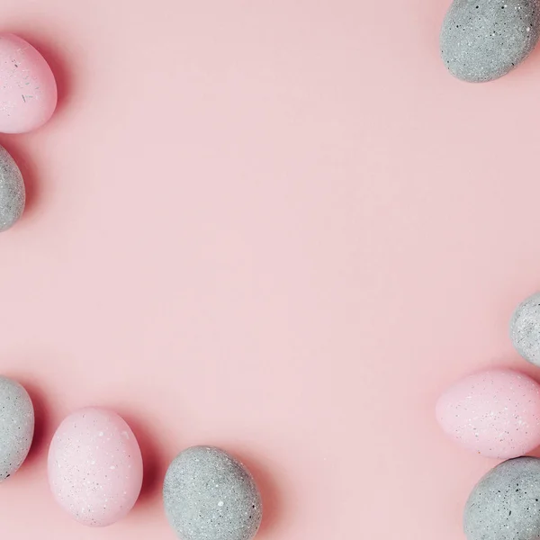 Stylish Frame Pale Pink Gray Easter Eggs Copy Space — Stock Photo, Image