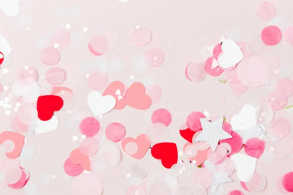 Фон Блідо Рожевого Паперу Конфетті Форма Сердець Концепція Свята — стокове фото