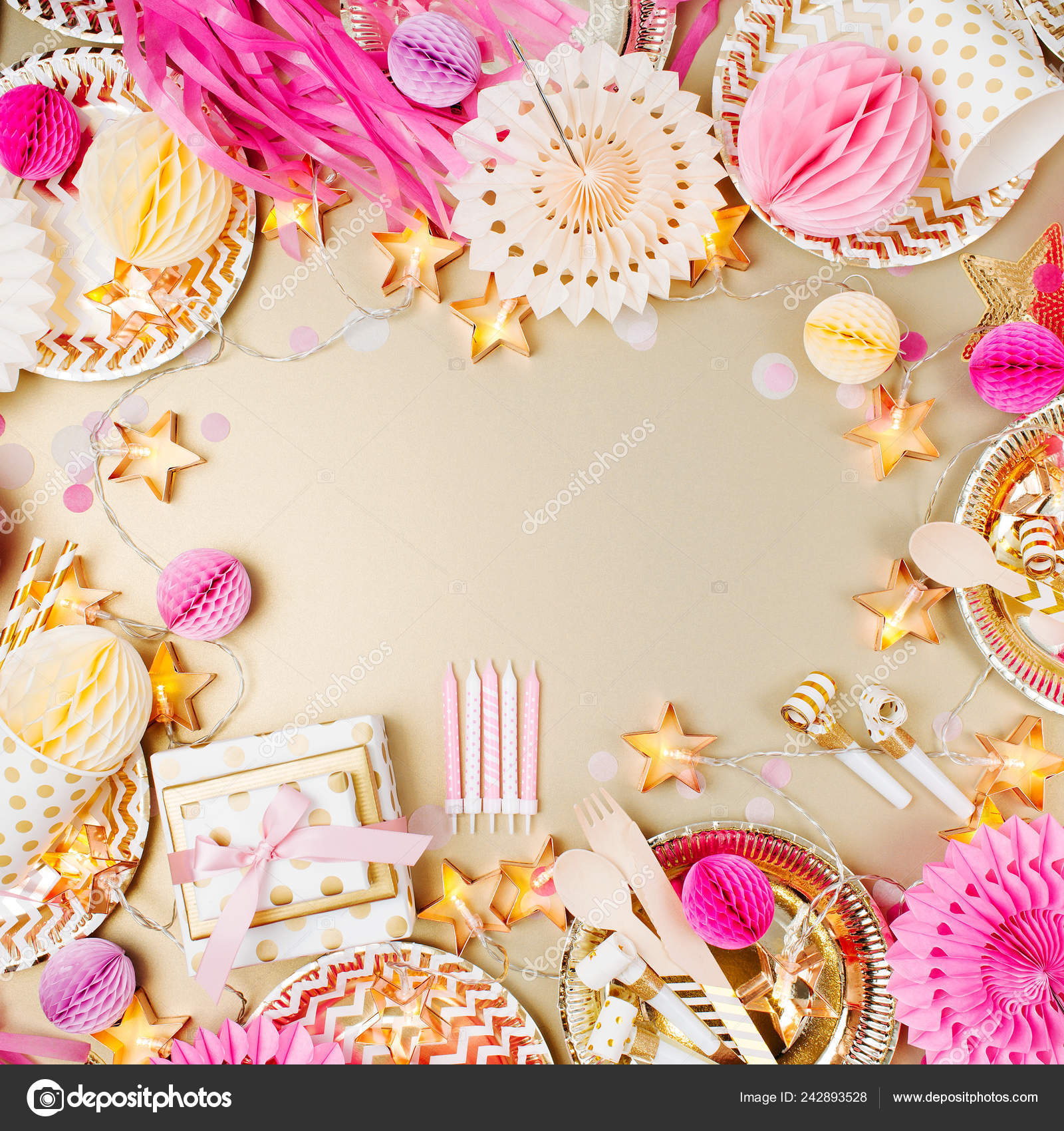 Birthday Party Background Gold Pink Color Flat Lay Top View Stock Photo by  ©Igishevamaria 242893528